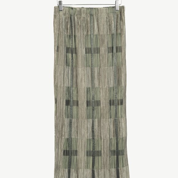 Issey Miyake Green Velvet & Satin Plaid Pleated Maxi Skirt - Picture 1 of 7